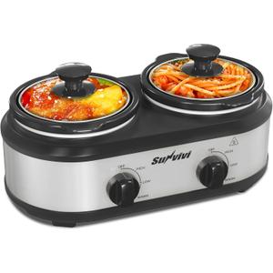 Sunvivi Dual Slow Cooker, Buffet Server and Food Warmer, Small Mini Pot with 3 Adjustable Temp & 2 Visible Glass Lids, for Parties, Holidays and Entertaining, Stainless Steel, 2 * 1.25 Quarts