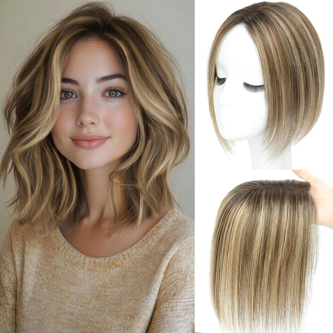 SARO-UP Human Hair Toppers for Women Real Human Hair pieces for Women with Thinning Hair pieces 7 * 10cm Hand-Tied Swiss Base Topper No Bangs 30g Hairpieces 10Inch (4T427# (Medium Brown to Medium Brown and Honey Blonde Mix)