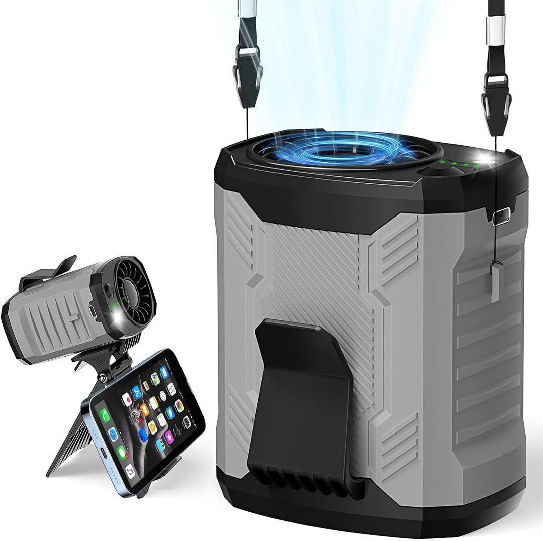 Portable 4-in-1 Waist/Neck/Desk Fan with Phone Stand & LED Light | 10000RPM Ultra-Fast Cooling, 4-Speed Rechargeable Battery | Lightweight for Indoor, Outdoor, Camping, Makeup(Grey)