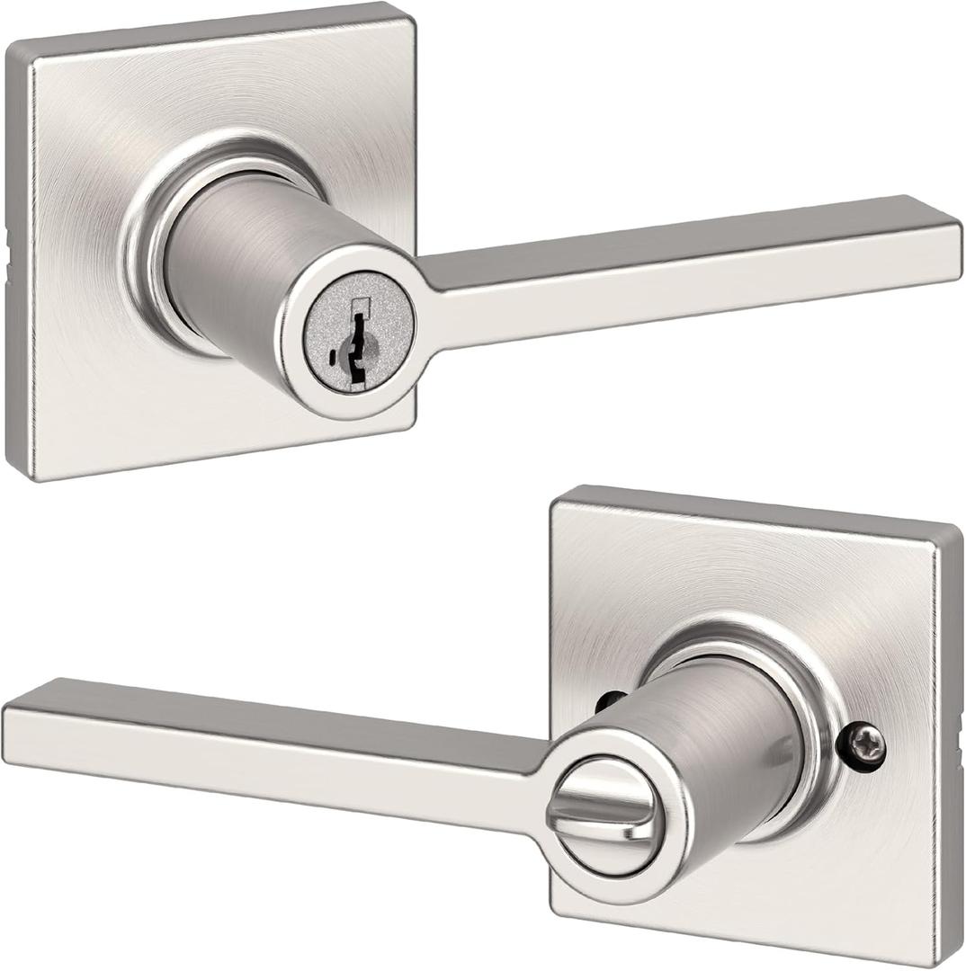 Kwikset Casey Entry Door Handle with Lock and Key, Secure Keyed Reversible Lever Exterior, For Front Entrance and Bedrooms, Satin Nickel , Pick Resistant Smartkey Rekey Security and Microban (1 Pack)