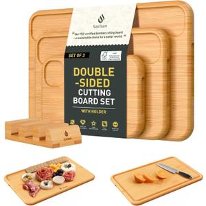 3 Packs Bamboo Cutting Board Set with Holder Wood Cutting Boards for Kitchen with Juice Grooves Built-in Handles, Ideal Charcuterie & Chopping for Meat Vegetables Fruits Kitchen Gift for Home Cooks 
