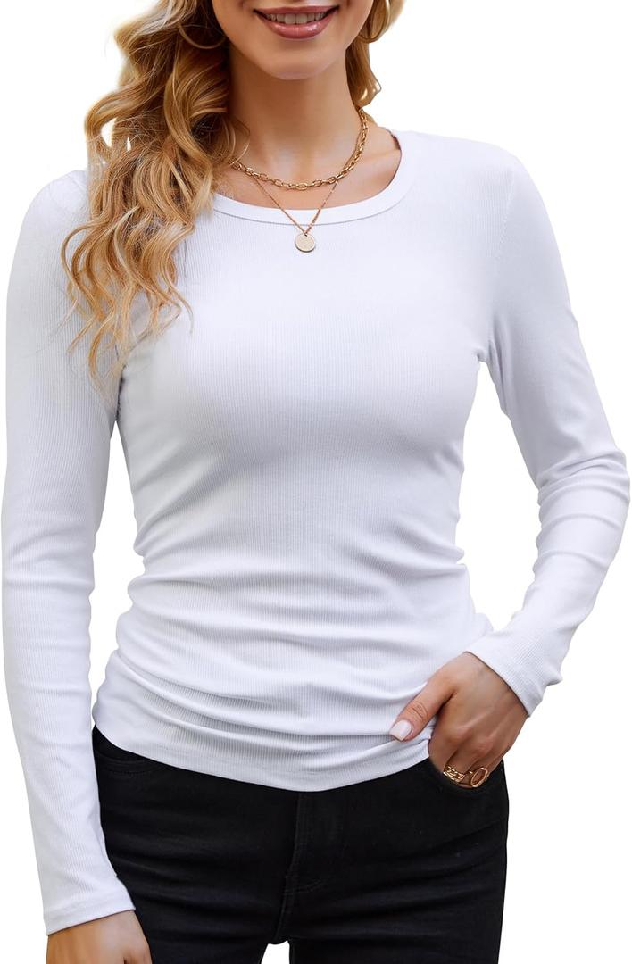 GEMBERA Womens Ribbed Long Sleeve Crewneck Casual Slim Basic Shirts Fitted Knit Tops (Medium, White)