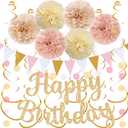Gold Birthday Decorations, Happy Birthday Banner and Paper Pompoms, Hanging Swirls, Circle Dots Garland, Pennant Flags for Girls Women Party Decorations