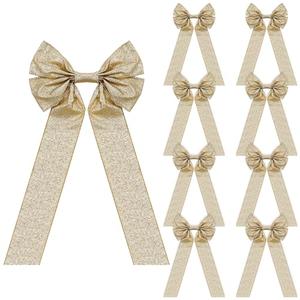 Bucherry 6 Pcs Large Gold Glitter Christmas Bows 7x16 Inch Gold Christmas Wreath Bows Xmas Tree Topper Bow Metallic Glitter Ribbon Bow for Xmas Tree Fence Stairs Fireplace Outdoor Decoration