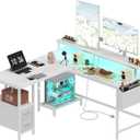 Lufeiya White L Shaped Computer Desk with Fabric Drawers, 47 Inch Corner Home Office Desk with Monitor Stand Shelves, Writing Study Gaming Desks with Led Lights and Power Outlets for Bedroom, White