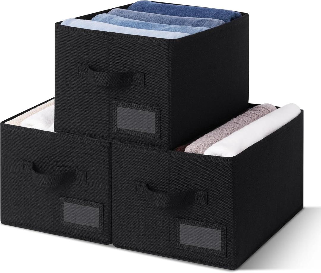 GRANNY SAYS Shelf Storage Bins, Fabric Storage Baskets for Closet and Clothes, Collapsible Storage Boxes with Handles, Decorative Storage Containers for Bedroom, Black, Large, 3-Pack (Medium)