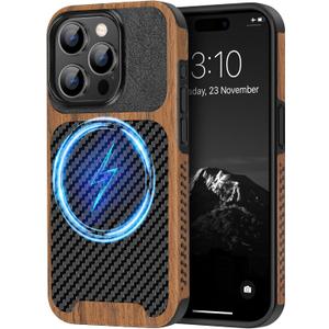 TENDLIN Magnetic Case Compatible with iPhone 15 Pro Max Case Wood Grain with Carbon Fiber Texture Design Leather Hybrid Slim Case (Compatible with MagSafe) Black