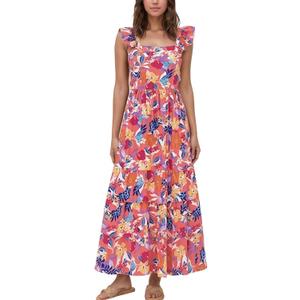 2025 Women's Summer Boho Floral Maxi Dress with Pockets - A-Line Smocked Tiered Ruffle Sleeveless Beach Sun Dress (Medium, Pink)