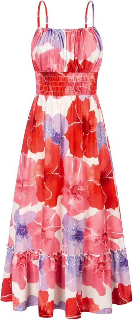 GRACE KARIN Womens Summer Maxi Dress Sleeveless Floral Spaghetti Strap Smocked Boho Dress with Pockets (Small)