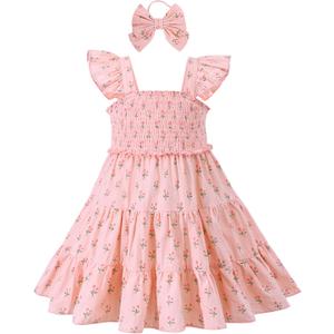 Mioglrie Little Girl Dresses Summer Outfits 4T-5T Girl Clothes Kids Princess Pink Ruffle Sleeveless Floral Dress Casual Park Sundress