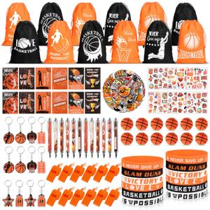 KISPATTI Basketball Party Favors, 146PCS Sports Birthday Party Favors with Drawstring Bags Silicone Bracelets Notebooks and Stickers, Goodie Bags Team Gifts for Basketball Birthday Party Supplies
