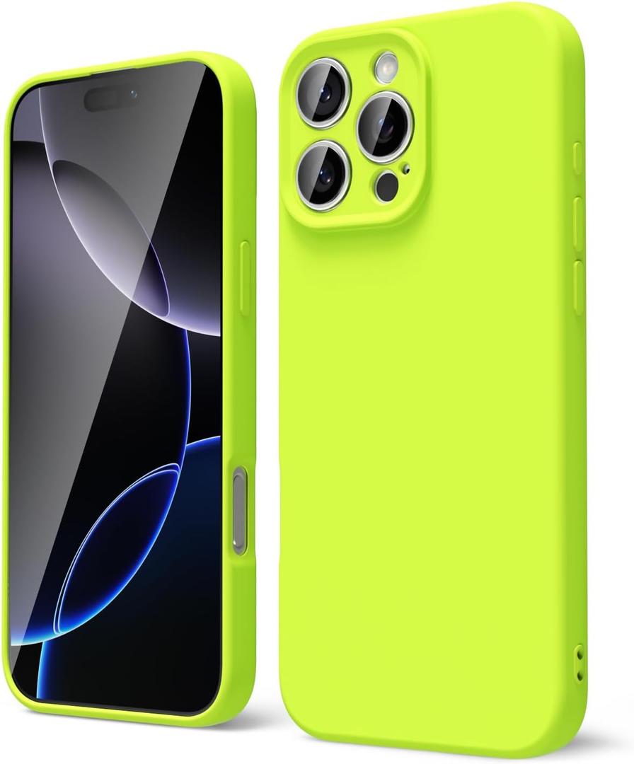 oakxco for iPhone 16 Pro Max Phone Case Liquid Silicone, Neon Bright Solid Color, Thin Slim Soft Rubber Gel Matte TPU Plain Simple Protective Cover for Women Girl Cute Aesthetic, Neon Green Lime