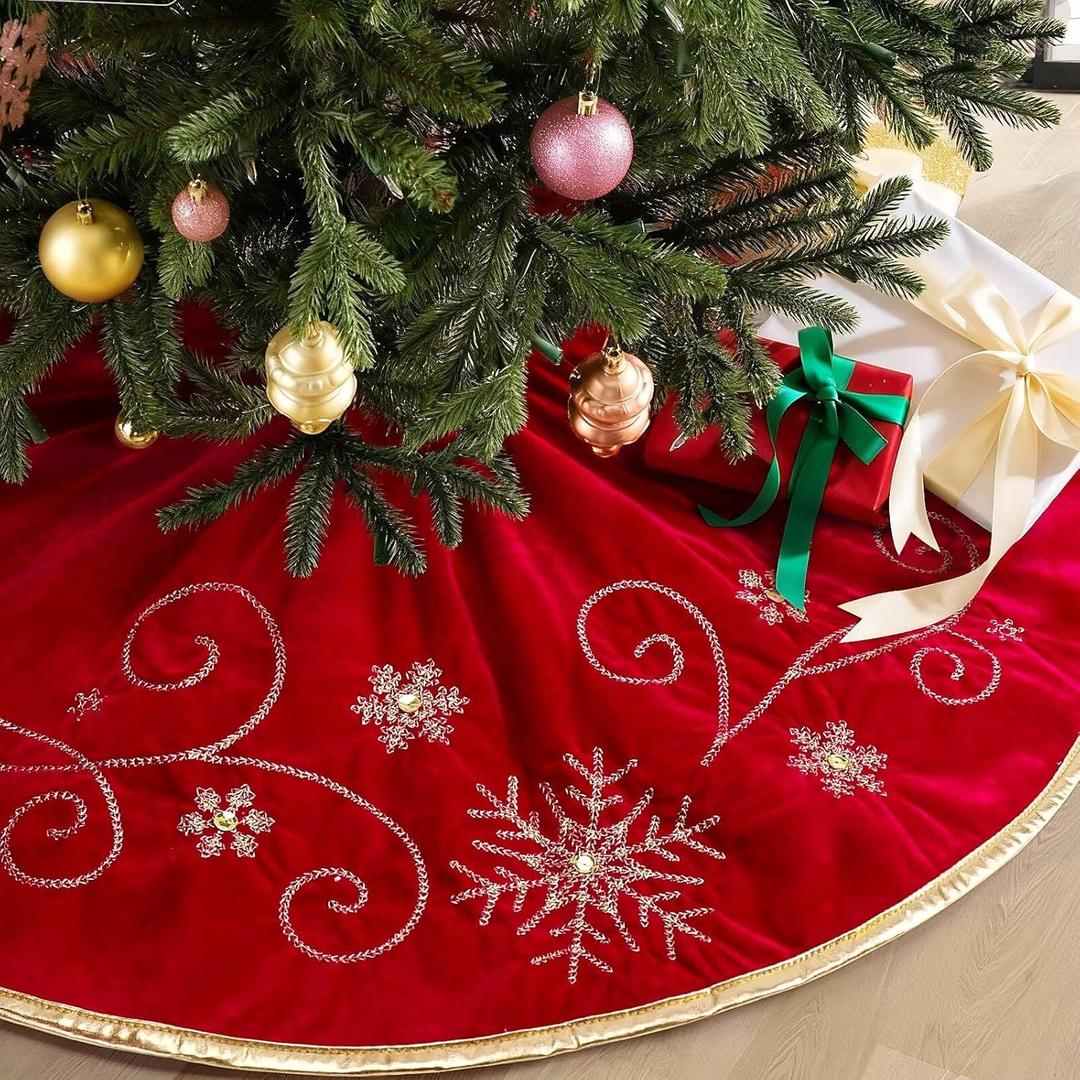 Red Christmas Tree Skirt 48 Inches Snow Sequin Embroidery with Gold Trim Border Decor for Xmas Holiday Party Ornaments