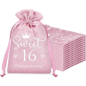 Sweetude 50 Pcs Sweet 16 Gift Bags with Drawstring Pink Silk Satin 16 Years Sweet Birthday Candy Party Favors for Guests Decoration
