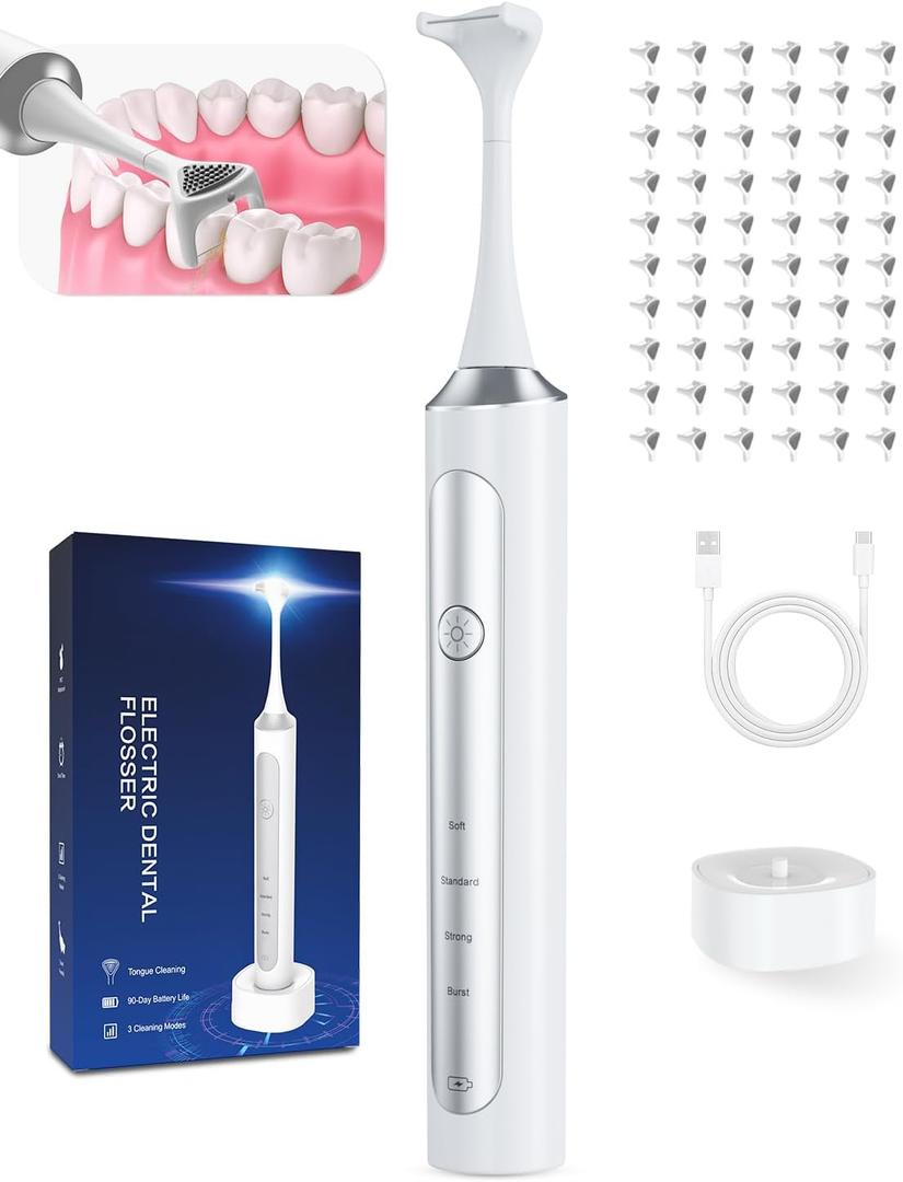Rechargeable Electric Flosser – 4-Speed Dental Flosser with 60 Heads & Tongue Cleaner – contactless Charging Base for Adults & Kids – Dentist-Approved Gum Care & Water Flosser Alternative
(White)
