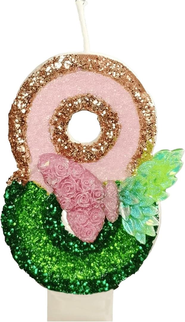 Birthday Number 8 Candle, Pink and Green Theme Party Decorations, Butterfly Birthday Glitter Cake Candles, Princess and Witch Themed Party Cake Topper (Number 8)