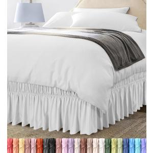 Wrap Around Ruffle Queen Size Bed Skirt Adjustable Buckle & Elastic Belt for Easy Installation, 16 Inch Drop Brushed Microfiber - Machine Washable, Fade and Wrinkle Resistant, White