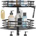 Consumest Corner Shower Caddy Tension Pole - Rustproof Shower Shelves with Towel Bar & Soap Holder, Adjustable Bath Organizer for Bathroom Storage, 27.6-108.3 inch, Black