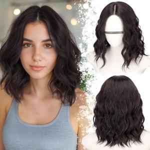 Dark Brown with Highlights Short Wavy Bob Human Hair Wigs Glueless Lace Front Pre Cut for Beginners Natural Hairline (Dark Brown,14 inch)