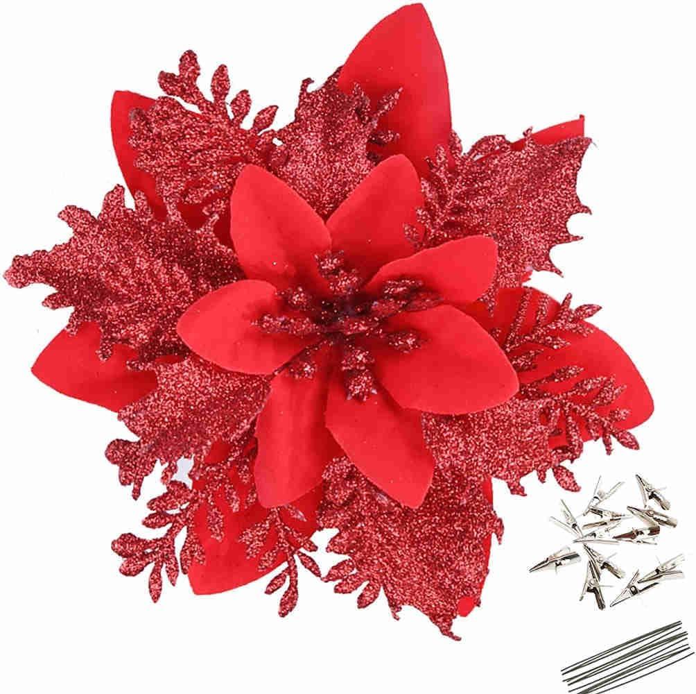GREENTIME 12 Pcs Glitter Poinsettia 5.5" Artificial Flowers Christmas with Clips Stems Xmas Tree Ornaments for New Year Party Stairs Fireplace Porch Balcony Garden Church Wreath Decoration (Red)