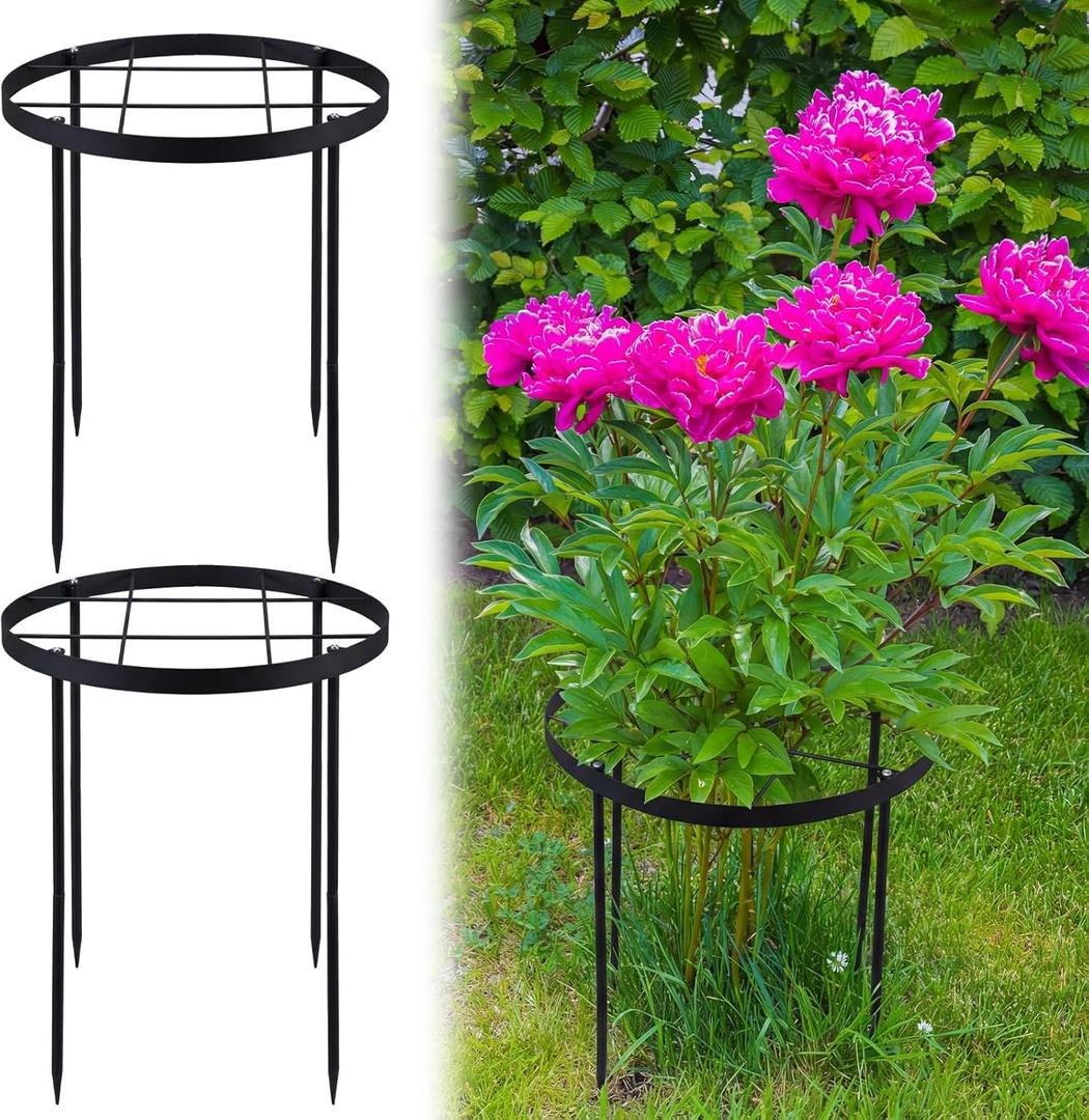 2 Pack 18.9" x 23.6" Large Peony Cage and Support Durable Round Plant Support Ring Tall Plant Cage for Outdoor Peony Floral Tomato Vegetable, Enhances Planting Success with Secure Grounding