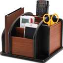 DEAYOU Wood Rotating Remote Caddy, Spinning Remote Control Holder for Table, 6-Compartment Wooden Revolving Office Supplies Desktop Storage Organizer for Pen, Pencil, Mail, Desk, Home, Living Room