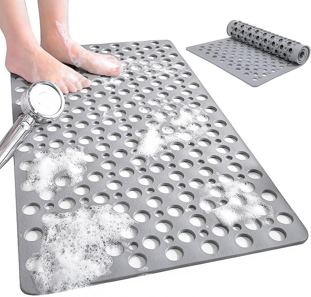 Non Slip Bathtub and Shower Mat, 30x17 in (75x43 cm), Soft Bath Tub Mat with Suction Cups and Bigger Drain Holes, Machine Washable & Quick Easy Dry, Non Slip Bath Mats for Inside Shower, Gray