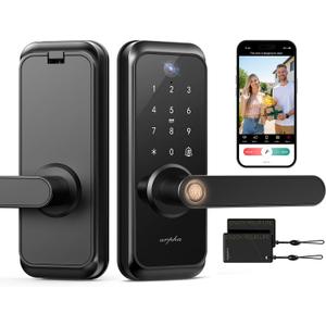 WiFi Video Smart Lock with Camera & Handle - 6-in-1 Keyless Entry (Fingerprint/App/Keypad/FOB/Key), Electric Deadbolt Door Knob for Front, Built-in WiFi, 2-Way Audio, Auto-Lock, Waterproof - Black