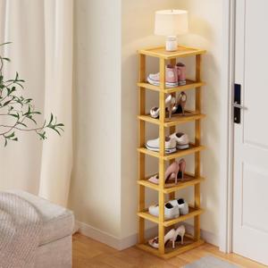 ZUJJAFY Vertical Shoe Rack for Entryway, Small Shoe Rack 7-Tier Tall Shelf for Narrow Spaces Free Standing, Bamboo Shoe Racks Organizer for Closet Corner Bedroom and Garage