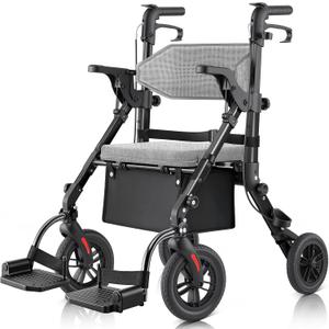 Walkers for Seniors with Seat, Walker Wheelchair Combo, 2 in 1 Rolling Walker Transport Wheelchair Lightweight Foldable, 10" Big Wheels Transport Chair with Brakes,Grey