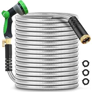 150Ft Metal Garden Hose durable stainless steel Water Hose, flexible, lightweight hose is resistant to kinks and tangles.With 10-way nozzle, strong 3/4” metal fittings, and a Stop Valve.