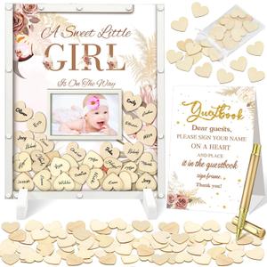 65 Pcs Baby Shower Guest Book Alternatives He or She Gender Reveal Boho Flower Baby Shower Decorations Sign in Guest Book with Picture Frame and 60 Wooden Chip
