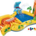 Intex Inflatable Dinosaur Play Center Outdoor Playhouse Inflatable Water Park with Kid Pool Slide, Water Sprayer, Waterfall, and 6 Balls, Multicolor