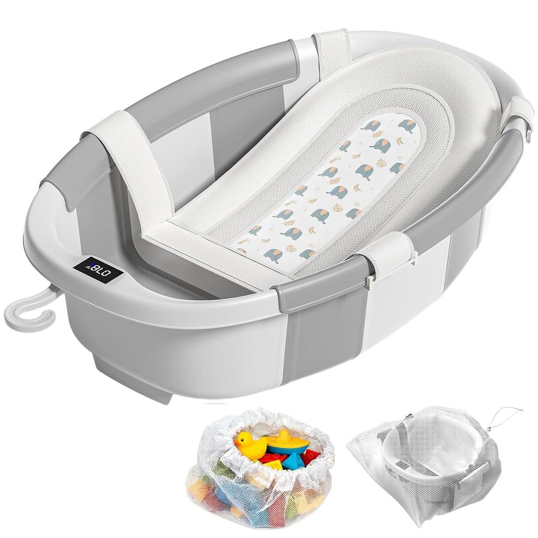 Collapsible Baby Bathtub with Soft Cushion and Thermometer, Newborn to Toddler Tub 0-36 Months with Toy Storage Mesh Bag, Portable Travel Bath for Infants (Grey)