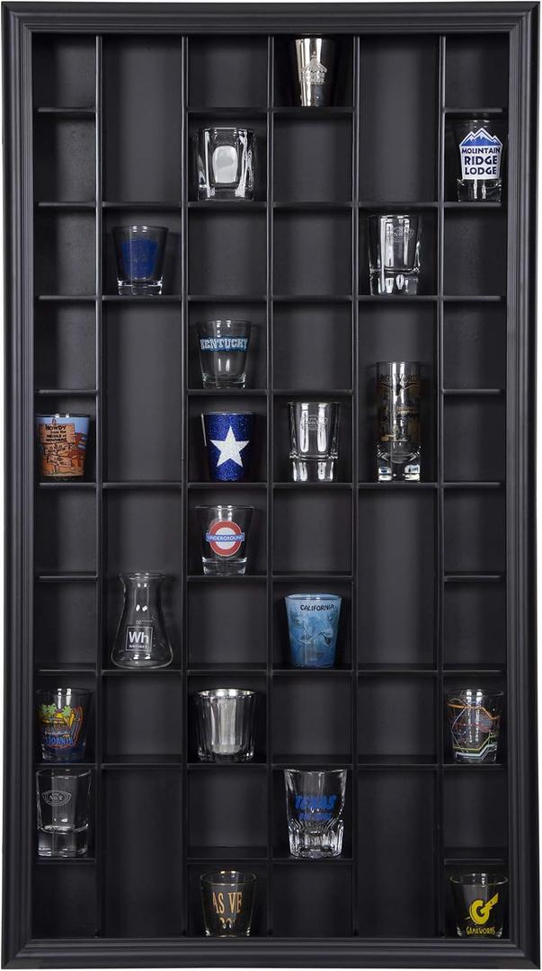 Gallery Solutions - Black Wall-Mounted - Curio & Shot Glass Display Case - 17"x32" Glass Door - Bar Accessories - Collectible - Miniature Glassware - Bar Accessories