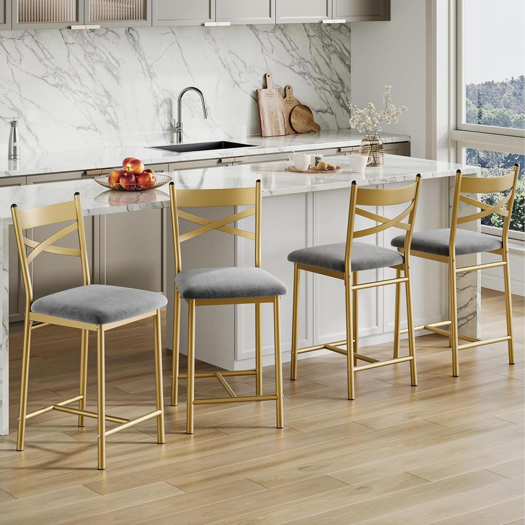 IDEALHOUSE Bar Stools Set of 4, Upholstered Bar Chairs with Back, Thick Cushion, Counter Height Barstools for Kitchen Island Apartment Counter Bar (4)