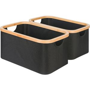efluky Storage Baskets for Organizing, Fabric Storage Bins with Bamboo Handles, Collapsible Storage Baskets for Shelves and Closet, Black Set of 2