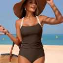 ZAFUL Women's Tankini Swimsuits Tummy Control Swimwear Two Piece Bathing Suits Swim Top with High Waisted Bottom (Brown, S)