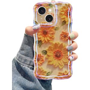 Jusy Compatible with iPhone 14, Colorful Retro Oil Painting Printed Flower Laser Glossy Pattern Cute Curly Wave Phone Case Soft TPU Cover for Girly Women - Sunflower