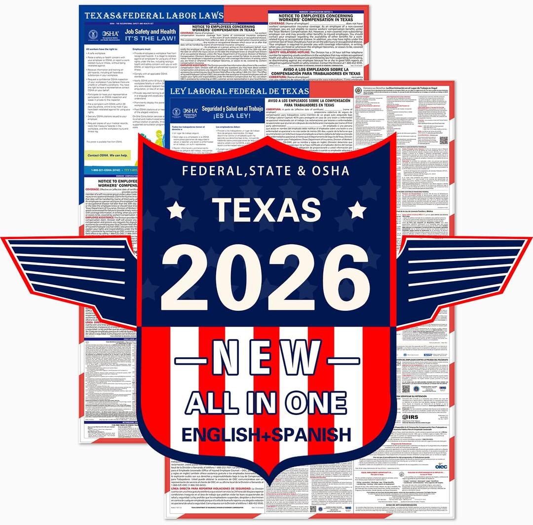 2026 Texas State and Federal Labor Laws Poster  OSHA Compliant Laminated 24" x 36" English and Spanish Bundle 2 Pack Folded