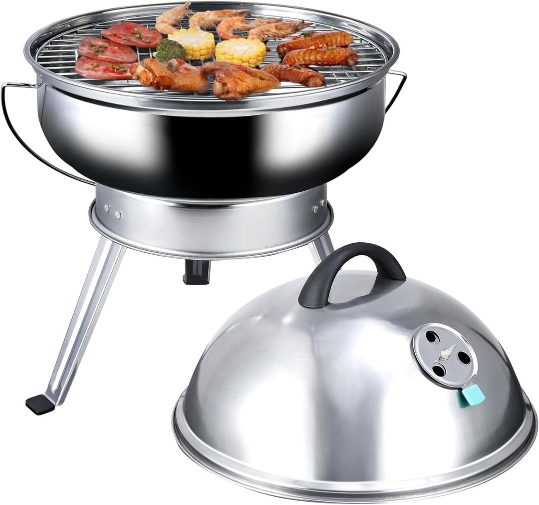 15" Professional stainless-steel braai, Portable Charcoal Grill,Foldable legs,Spherical grill, with 3-Point Locking Lid for Heat Preservation,Outdoor Cooking Barbecue Camping BBQ Coal Kettle