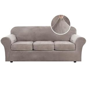 H.VERSAILTEX Modern Velvet Plush High Stretch Sofa Slipcover Furniture Protector Form Fit Luxury Thick Sofa Cover for 3 Cushion Couch, Machine Washable Width Up to 90 Inch (Sofa,Taupe), 4 Piece