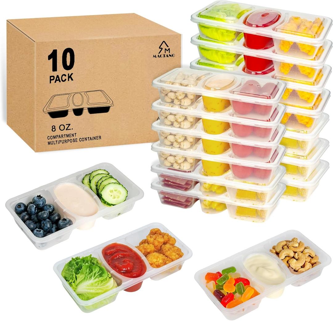 MACTANO 8 OZ Reusable Snack Containers with Lids, New 3 Compartment Condiment Snack Pack Containers 10 Sets