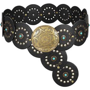 XZQTIVE Western PU Leather Belts for Woman Concho Cowgirl Cowboy Disc Belt for Ladies Wide Boho Country Waist Belts for Dress (White)
