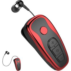 Retractable Wireless Headphone Headset Stereo Earphone lightweight V5.0 Noise Cancelling Mic Clip on Earpiece workout Sports running Business Trucker Driver Music Earbuds For Iphone android Phone Red