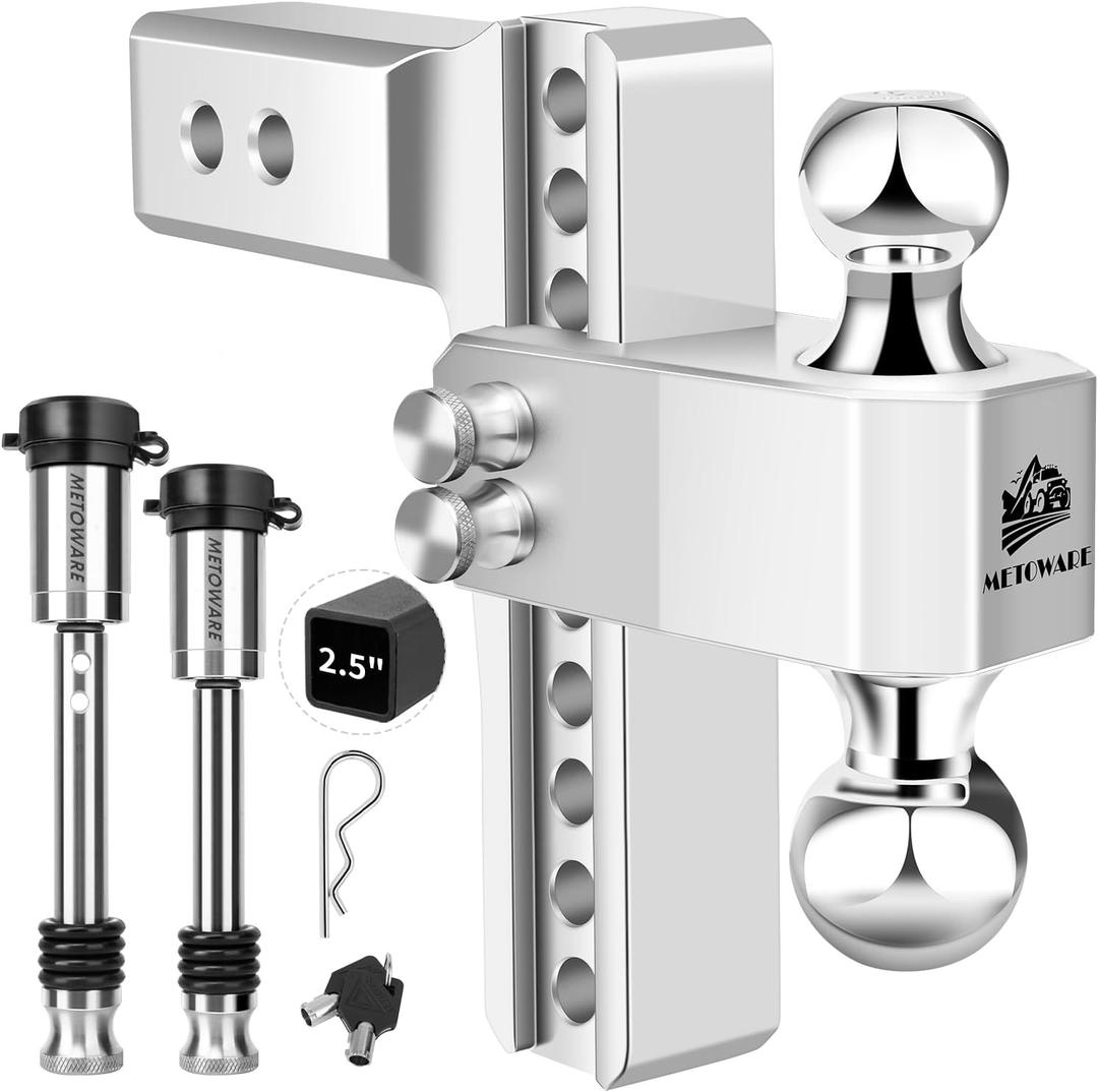 METOWARE Adjustable Trailer Hitch - Aluminum Tow Hitch Fits 2.5-Inch Receiver - Heavy Duty Drop Hitch with 8-Inch Drop/Rise for Truck (18,000 LBS GTW), Double Stainless Steel Locks & Hitch Pin