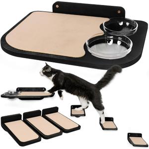 INICIO Cat Shelves  Dog Proof Feeding Station with Wall Mounted Shelves, 3 Steps for wall with Floating Shelf for Cats Up to 15lbs, Includes Cat Food Bowls for Convenient Feeding  Black