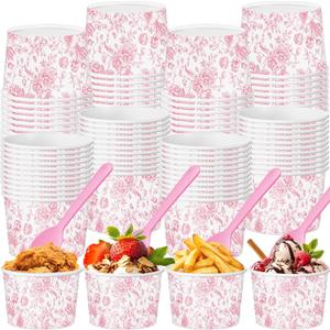 Honeydak 48 Set Floral Paper Ice Cream Cups 9 oz Disposable Treat Snack Cups with Spoons Dessert Bowls for Sundae Frozen Yogurt Soup Birthday Bridal Shower Wedding Party(Pink)