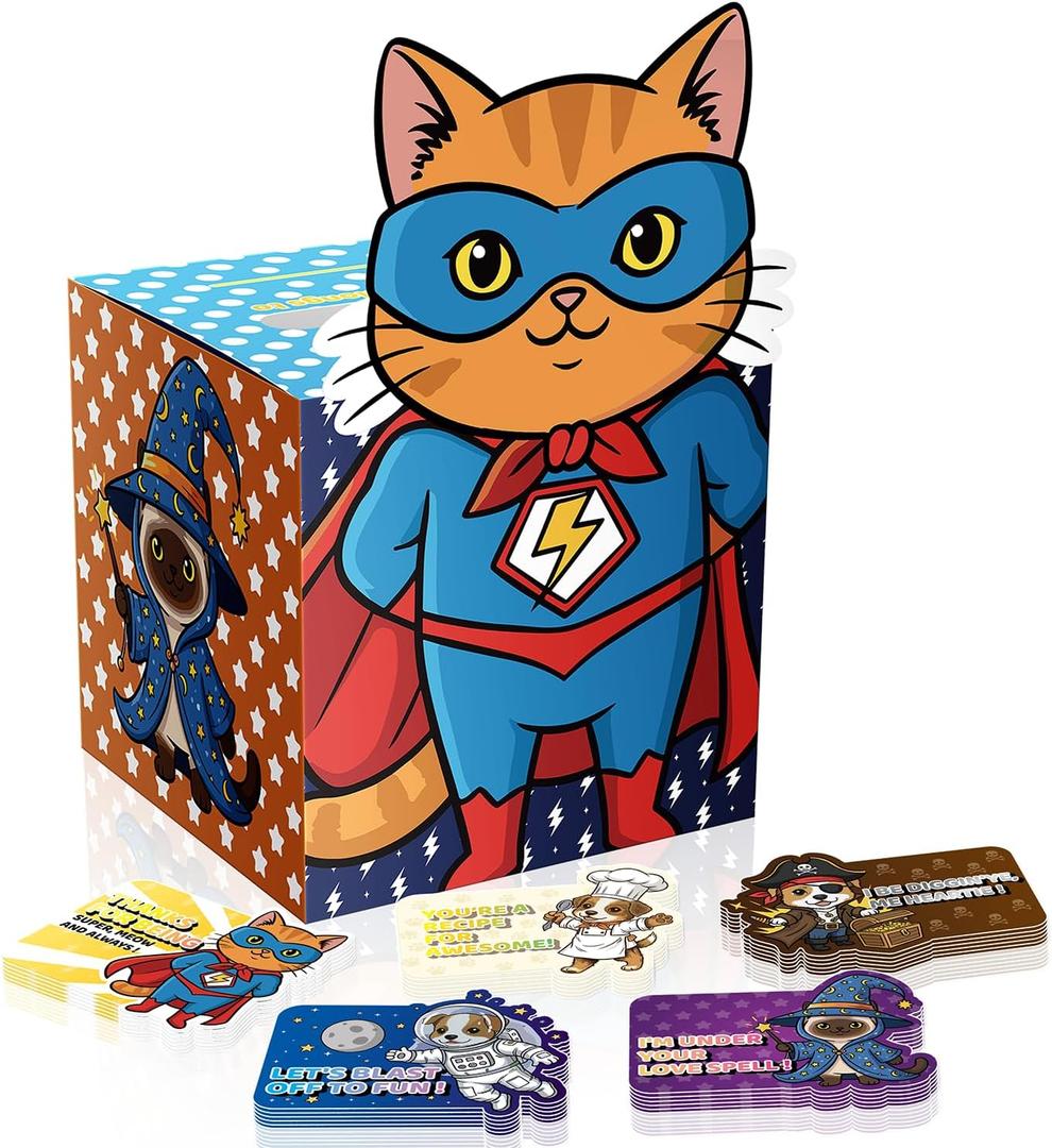 Jaywayang Valentine Box for Kids Classroom School Gifts Exchange, Dog and Cat Valentine's Day Cards for Boys Girls Greeting Party Favor(1 Mailbox, 36 Dog and Cat Cards, 4 Teacher Card)