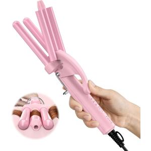 Farery Mini Hair Waver, 1/2 Inch 3 Barrel Curling Iron for Short & Long Hair, Adjustable Heat, Deep Mermaid Waves & Volume, Dual Voltage Travel Hair Crimper, Sakura Pink